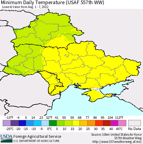 Ukraine, Moldova and Belarus Minimum Daily Temperature (USAF 557th WW) Thematic Map For 8/1/2022 - 8/7/2022