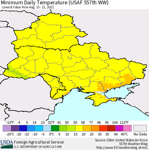 Ukraine, Moldova and Belarus Minimum Daily Temperature (USAF 557th WW) Thematic Map For 8/15/2022 - 8/21/2022