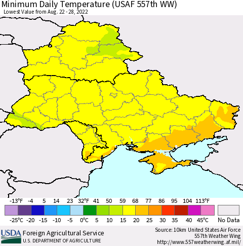 Ukraine, Moldova and Belarus Minimum Daily Temperature (USAF 557th WW) Thematic Map For 8/22/2022 - 8/28/2022