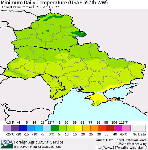 Ukraine, Moldova and Belarus Minimum Daily Temperature (USAF 557th WW) Thematic Map For 8/29/2022 - 9/4/2022