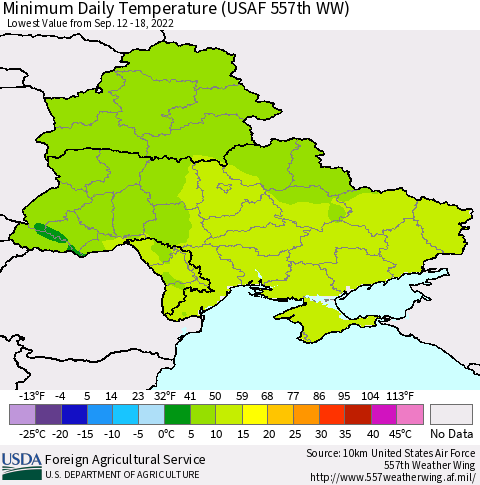 Ukraine, Moldova and Belarus Minimum Daily Temperature (USAF 557th WW) Thematic Map For 9/12/2022 - 9/18/2022