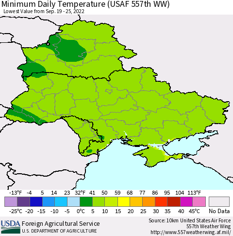 Ukraine, Moldova and Belarus Minimum Daily Temperature (USAF 557th WW) Thematic Map For 9/19/2022 - 9/25/2022