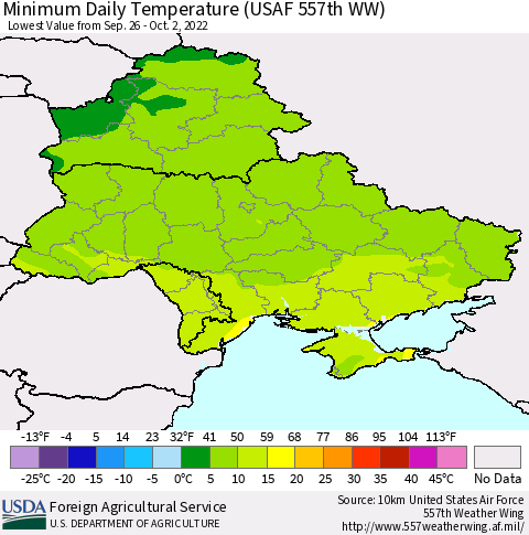 Ukraine, Moldova and Belarus Minimum Daily Temperature (USAF 557th WW) Thematic Map For 9/26/2022 - 10/2/2022