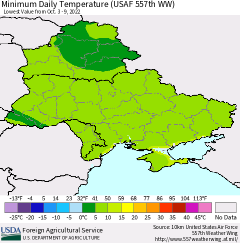 Ukraine, Moldova and Belarus Minimum Daily Temperature (USAF 557th WW) Thematic Map For 10/3/2022 - 10/9/2022