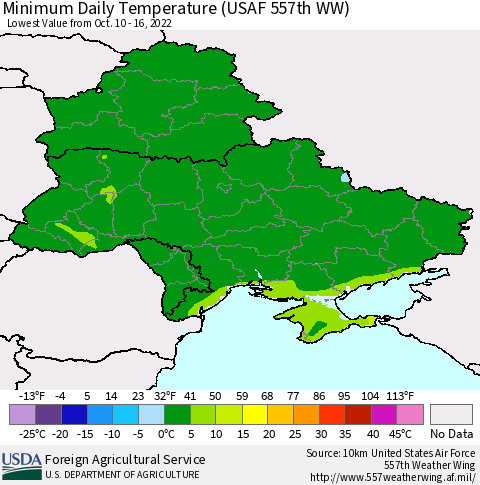 Ukraine, Moldova and Belarus Minimum Daily Temperature (USAF 557th WW) Thematic Map For 10/10/2022 - 10/16/2022