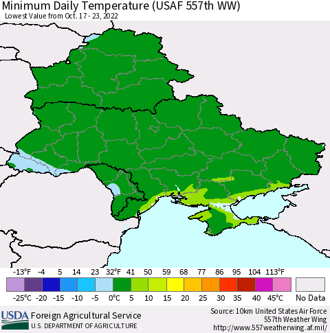 Ukraine, Moldova and Belarus Minimum Daily Temperature (USAF 557th WW) Thematic Map For 10/17/2022 - 10/23/2022