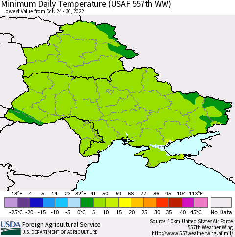 Ukraine, Moldova and Belarus Minimum Daily Temperature (USAF 557th WW) Thematic Map For 10/24/2022 - 10/30/2022