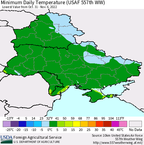 Ukraine, Moldova and Belarus Minimum Daily Temperature (USAF 557th WW) Thematic Map For 10/31/2022 - 11/6/2022