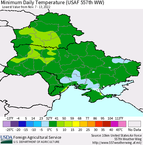 Ukraine, Moldova and Belarus Minimum Daily Temperature (USAF 557th WW) Thematic Map For 11/7/2022 - 11/13/2022