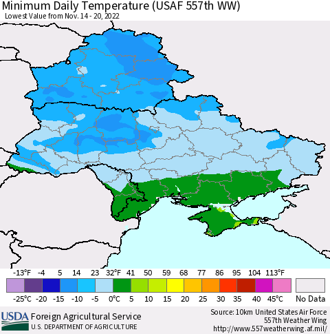 Ukraine, Moldova and Belarus Minimum Daily Temperature (USAF 557th WW) Thematic Map For 11/14/2022 - 11/20/2022