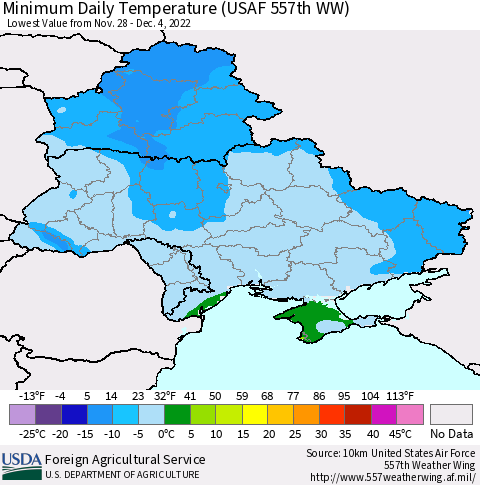 Ukraine, Moldova and Belarus Minimum Daily Temperature (USAF 557th WW) Thematic Map For 11/28/2022 - 12/4/2022