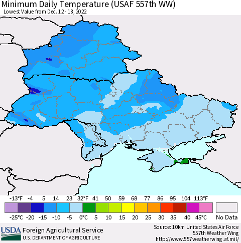 Ukraine, Moldova and Belarus Minimum Daily Temperature (USAF 557th WW) Thematic Map For 12/12/2022 - 12/18/2022