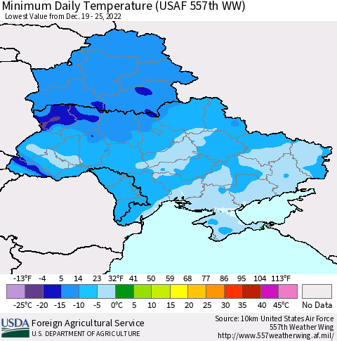 Ukraine, Moldova and Belarus Minimum Daily Temperature (USAF 557th WW) Thematic Map For 12/19/2022 - 12/25/2022
