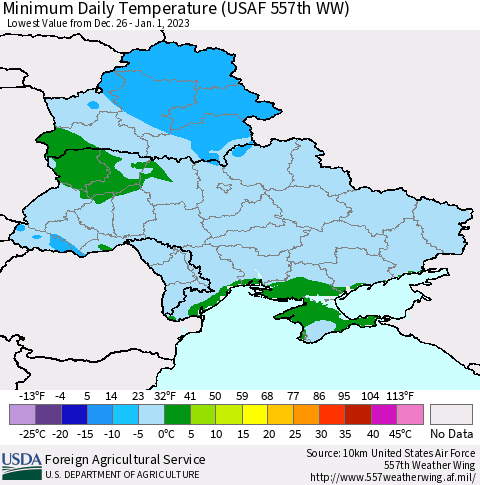 Ukraine, Moldova and Belarus Minimum Daily Temperature (USAF 557th WW) Thematic Map For 12/26/2022 - 1/1/2023