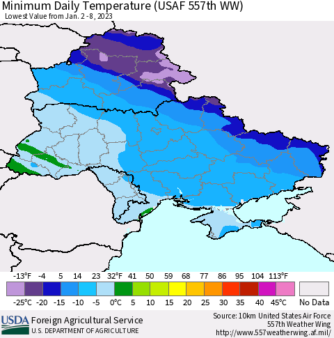 Ukraine, Moldova and Belarus Minimum Daily Temperature (USAF 557th WW) Thematic Map For 1/2/2023 - 1/8/2023
