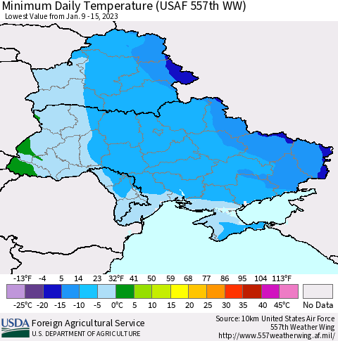 Ukraine, Moldova and Belarus Minimum Daily Temperature (USAF 557th WW) Thematic Map For 1/9/2023 - 1/15/2023