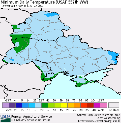 Ukraine, Moldova and Belarus Minimum Daily Temperature (USAF 557th WW) Thematic Map For 1/16/2023 - 1/22/2023