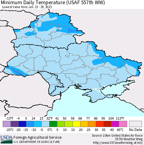 Ukraine, Moldova and Belarus Minimum Daily Temperature (USAF 557th WW) Thematic Map For 1/23/2023 - 1/29/2023