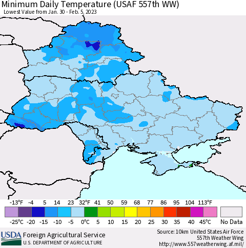 Ukraine, Moldova and Belarus Minimum Daily Temperature (USAF 557th WW) Thematic Map For 1/30/2023 - 2/5/2023