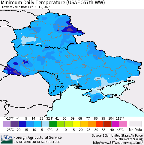 Ukraine, Moldova and Belarus Minimum Daily Temperature (USAF 557th WW) Thematic Map For 2/6/2023 - 2/12/2023
