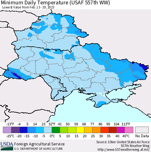 Ukraine, Moldova and Belarus Minimum Daily Temperature (USAF 557th WW) Thematic Map For 2/13/2023 - 2/19/2023