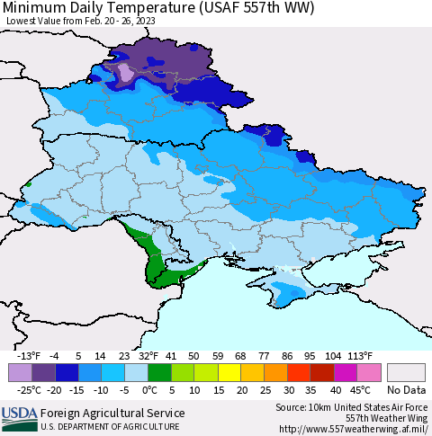 Ukraine, Moldova and Belarus Minimum Daily Temperature (USAF 557th WW) Thematic Map For 2/20/2023 - 2/26/2023