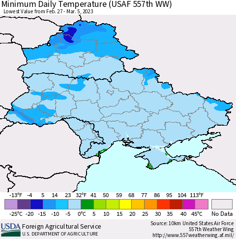 Ukraine, Moldova and Belarus Minimum Daily Temperature (USAF 557th WW) Thematic Map For 2/27/2023 - 3/5/2023