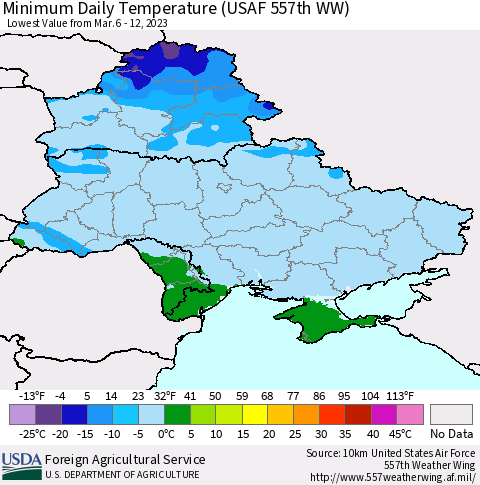 Ukraine, Moldova and Belarus Minimum Daily Temperature (USAF 557th WW) Thematic Map For 3/6/2023 - 3/12/2023