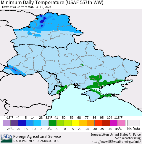 Ukraine, Moldova and Belarus Minimum Daily Temperature (USAF 557th WW) Thematic Map For 3/13/2023 - 3/19/2023