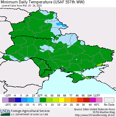 Ukraine, Moldova and Belarus Minimum Daily Temperature (USAF 557th WW) Thematic Map For 3/20/2023 - 3/26/2023