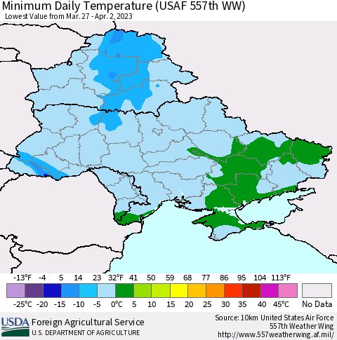 Ukraine, Moldova and Belarus Minimum Daily Temperature (USAF 557th WW) Thematic Map For 3/27/2023 - 4/2/2023