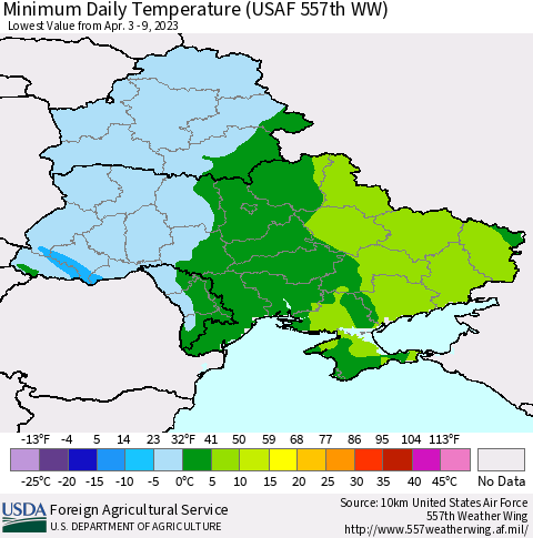 Ukraine, Moldova and Belarus Minimum Daily Temperature (USAF 557th WW) Thematic Map For 4/3/2023 - 4/9/2023