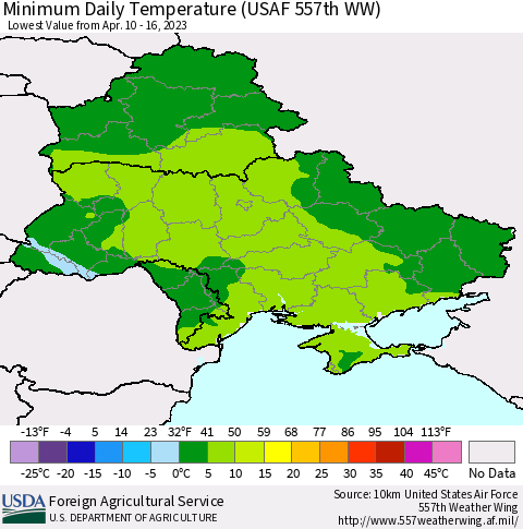 Ukraine, Moldova and Belarus Minimum Daily Temperature (USAF 557th WW) Thematic Map For 4/10/2023 - 4/16/2023