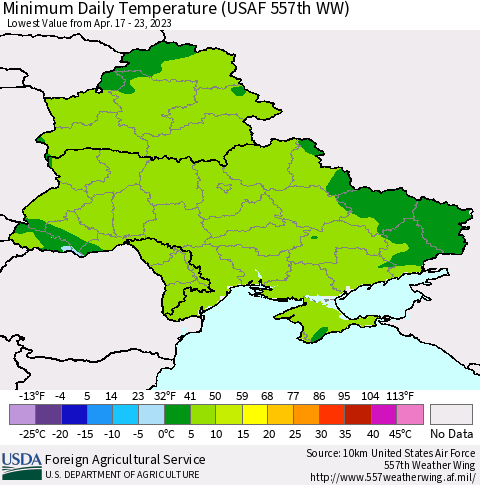 Ukraine, Moldova and Belarus Minimum Daily Temperature (USAF 557th WW) Thematic Map For 4/17/2023 - 4/23/2023