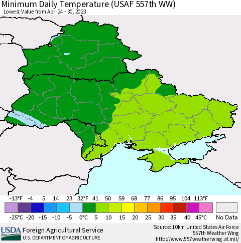 Ukraine, Moldova and Belarus Minimum Daily Temperature (USAF 557th WW) Thematic Map For 4/24/2023 - 4/30/2023