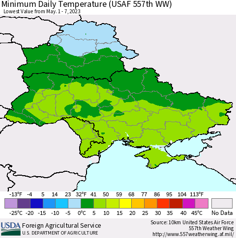 Ukraine, Moldova and Belarus Minimum Daily Temperature (USAF 557th WW) Thematic Map For 5/1/2023 - 5/7/2023