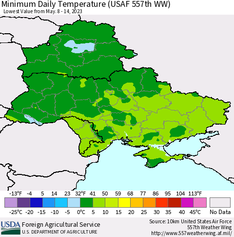 Ukraine, Moldova and Belarus Minimum Daily Temperature (USAF 557th WW) Thematic Map For 5/8/2023 - 5/14/2023
