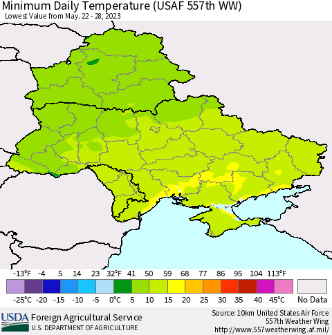 Ukraine, Moldova and Belarus Minimum Daily Temperature (USAF 557th WW) Thematic Map For 5/22/2023 - 5/28/2023