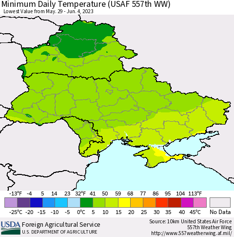 Ukraine, Moldova and Belarus Minimum Daily Temperature (USAF 557th WW) Thematic Map For 5/29/2023 - 6/4/2023