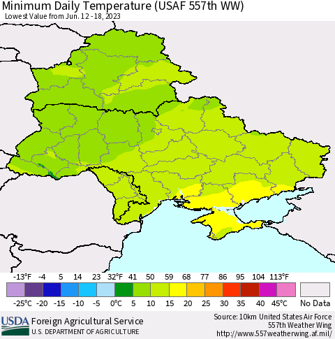 Ukraine, Moldova and Belarus Minimum Daily Temperature (USAF 557th WW) Thematic Map For 6/12/2023 - 6/18/2023