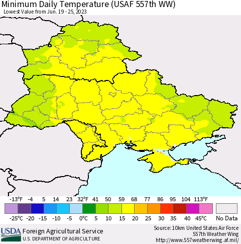 Ukraine, Moldova and Belarus Minimum Daily Temperature (USAF 557th WW) Thematic Map For 6/19/2023 - 6/25/2023