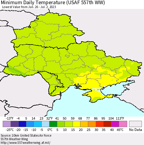 Ukraine, Moldova and Belarus Minimum Daily Temperature (USAF 557th WW) Thematic Map For 6/26/2023 - 7/2/2023