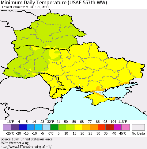 Ukraine, Moldova and Belarus Minimum Daily Temperature (USAF 557th WW) Thematic Map For 7/3/2023 - 7/9/2023