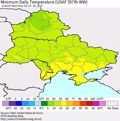 Ukraine, Moldova and Belarus Minimum Daily Temperature (USAF 557th WW) Thematic Map For 7/10/2023 - 7/16/2023