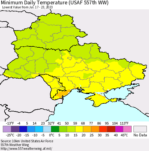 Ukraine, Moldova and Belarus Minimum Daily Temperature (USAF 557th WW) Thematic Map For 7/17/2023 - 7/23/2023