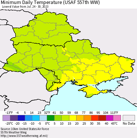 Ukraine, Moldova and Belarus Minimum Daily Temperature (USAF 557th WW) Thematic Map For 7/24/2023 - 7/30/2023