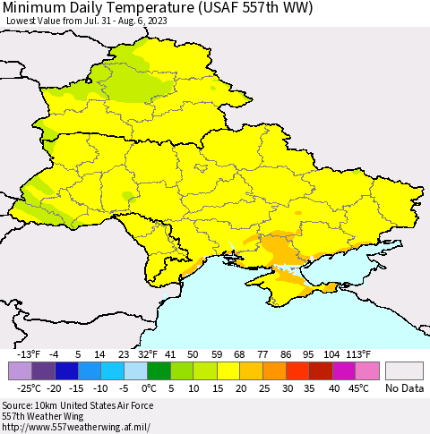 Ukraine, Moldova and Belarus Minimum Daily Temperature (USAF 557th WW) Thematic Map For 7/31/2023 - 8/6/2023