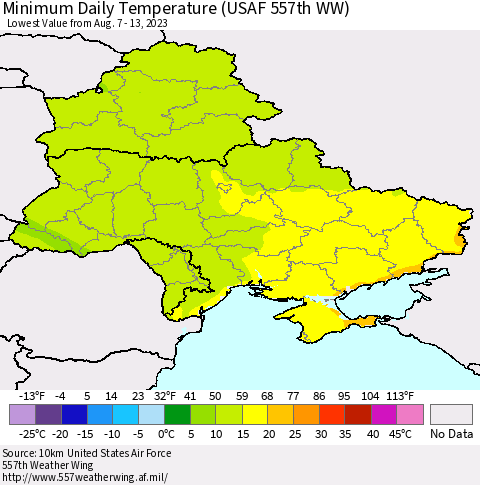 Ukraine, Moldova and Belarus Minimum Daily Temperature (USAF 557th WW) Thematic Map For 8/7/2023 - 8/13/2023