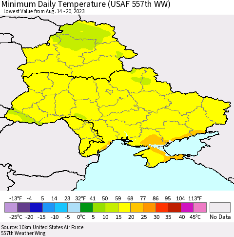 Ukraine, Moldova and Belarus Minimum Daily Temperature (USAF 557th WW) Thematic Map For 8/14/2023 - 8/20/2023