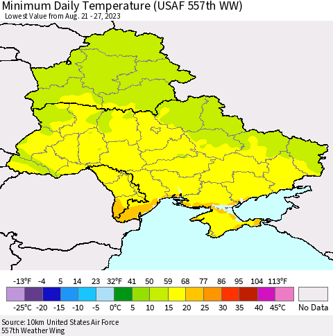Ukraine, Moldova and Belarus Minimum Daily Temperature (USAF 557th WW) Thematic Map For 8/21/2023 - 8/27/2023